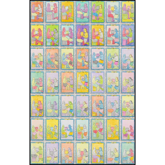 Opera di Frédéric Bruly Bouabré - La rencontre des amoureux, 2009 - penne a sfera, pastelli e matite colorate su cartoncino - Collezione Galleria Antonio Damiani.