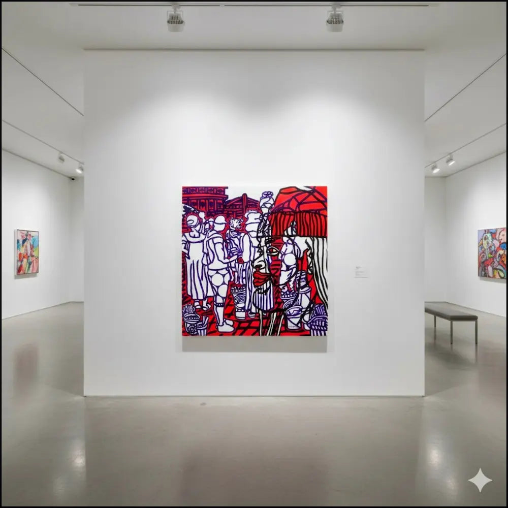 Boris Nzebo "Business Street" (2022). Acrilico su tela, 130x130 cm. Rappresentazione pop e dinamica della vita di strada urbana. Galleria Antonio Damiani, esposizione.