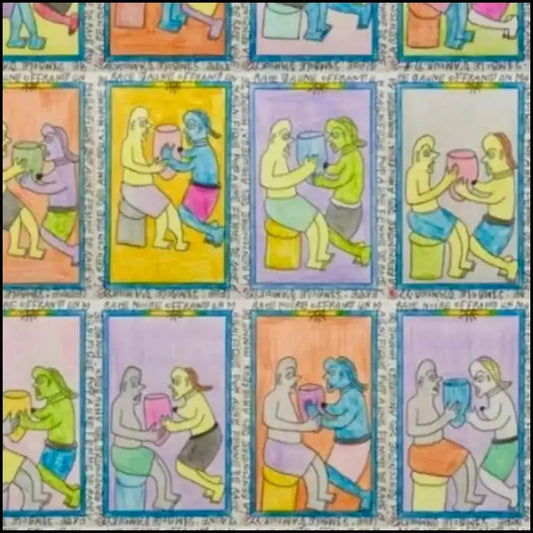 Opera di Frédéric Bruly Bouabré - La rencontre des amoureux, 2009 - penne a sfera, pastelli e matite colorate su cartoncino - Collezione Galleria Antonio Damiani.