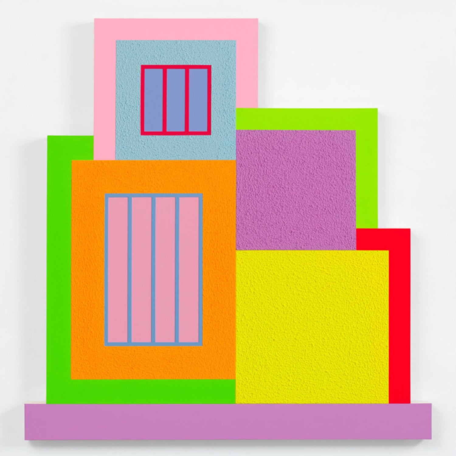 Opera di Peter Halley artista statunitense, galleria Antonio Damiani. Le sue tele, costruite con colori fluorescenti Day-Glo e materiali da costruzione come il Roll-a-Tex, demoliscono l'ideale minimalista. Halley trasforma i rigidi quadrati in "Celle" e "Prigioni" connesse da "Condotti", offrendo una potente metafora del confinamento e della sorveglianza della vita urbana moderna.