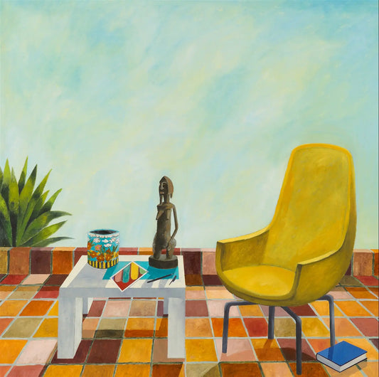 Dipinto a olio Rêver d’Arakhis 2025 di Mickaël Doucet, raffigurante una sedia moderna gialla su una terrazza con pavimento a scacchi e cielo azzurro, arte contemporanea, 115 x 115 cm.