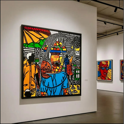 Boris Nzebo "Bayame salam" (2022). Acrilico su tela, 145x145 cm. Opera potente esposta in Galleria Antonio Damiani.