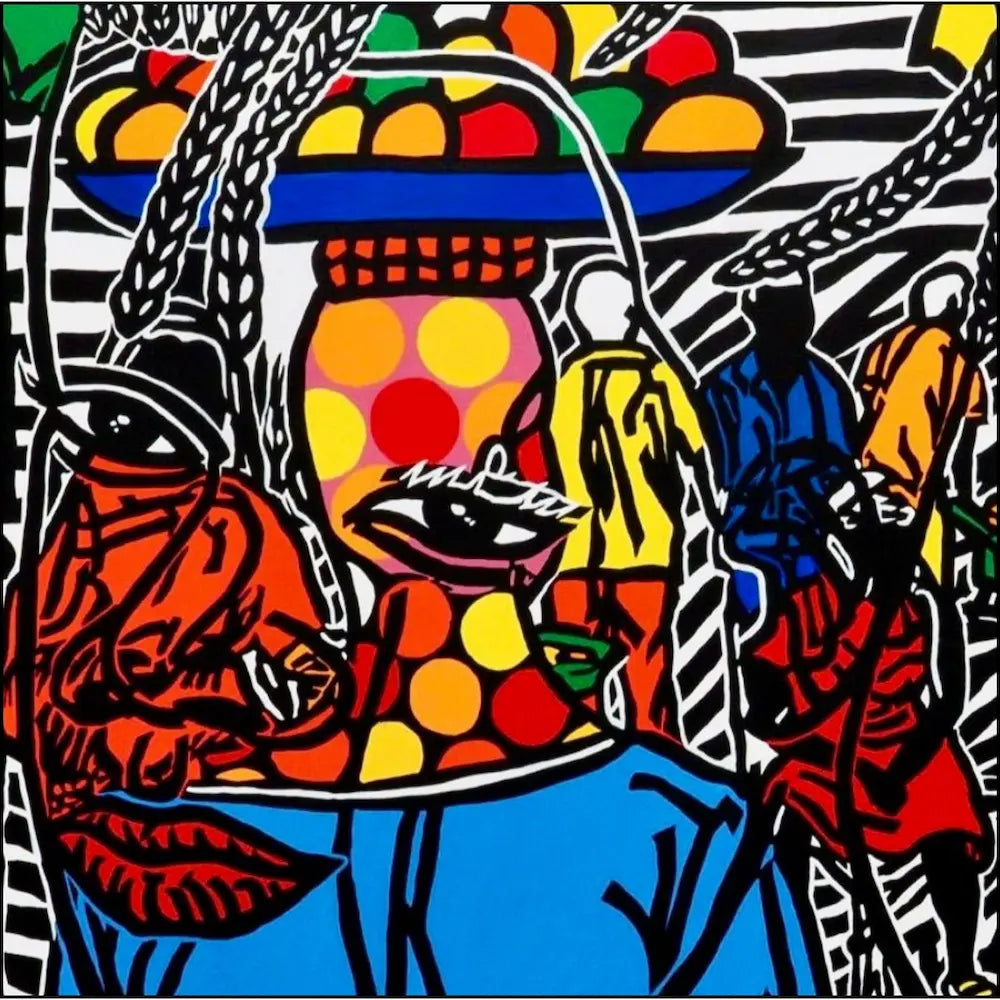 Dettagli di Boris Nzebo "Bayame salam" (2022). Acrilico su tela, 145x145 cm. Opera potente esposta in Galleria Antonio Damiani.