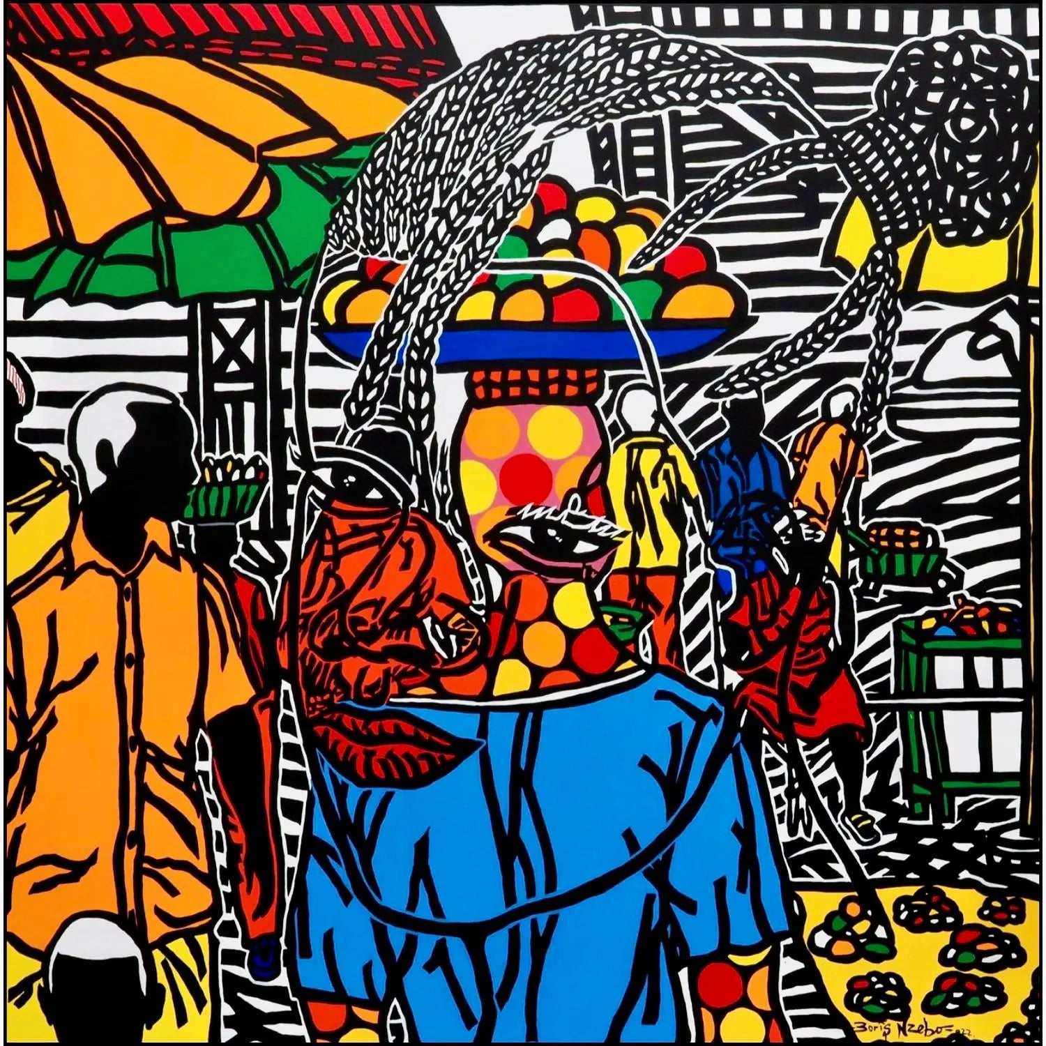 Boris Nzebo "Bayame salam" (2022). Acrilico su tela, 145x145 cm. Opera potente  in Galleria Antonio Damiani.