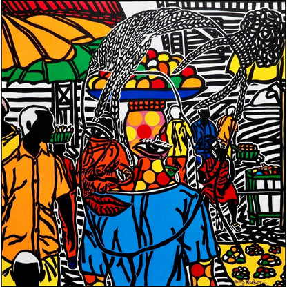 Boris Nzebo "Bayame salam" (2022). Acrilico su tela, 145x145 cm. Opera potente  in Galleria Antonio Damiani.