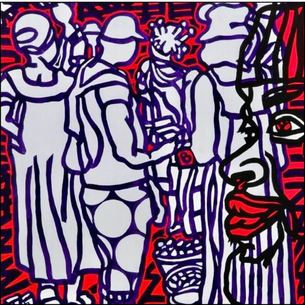 Boris Nzebo "Business Street" (2022). Acrilico su tela, 130x130 cm. Rappresentazione pop e dinamica della vita di strada urbana. Galleria Antonio Damiani.