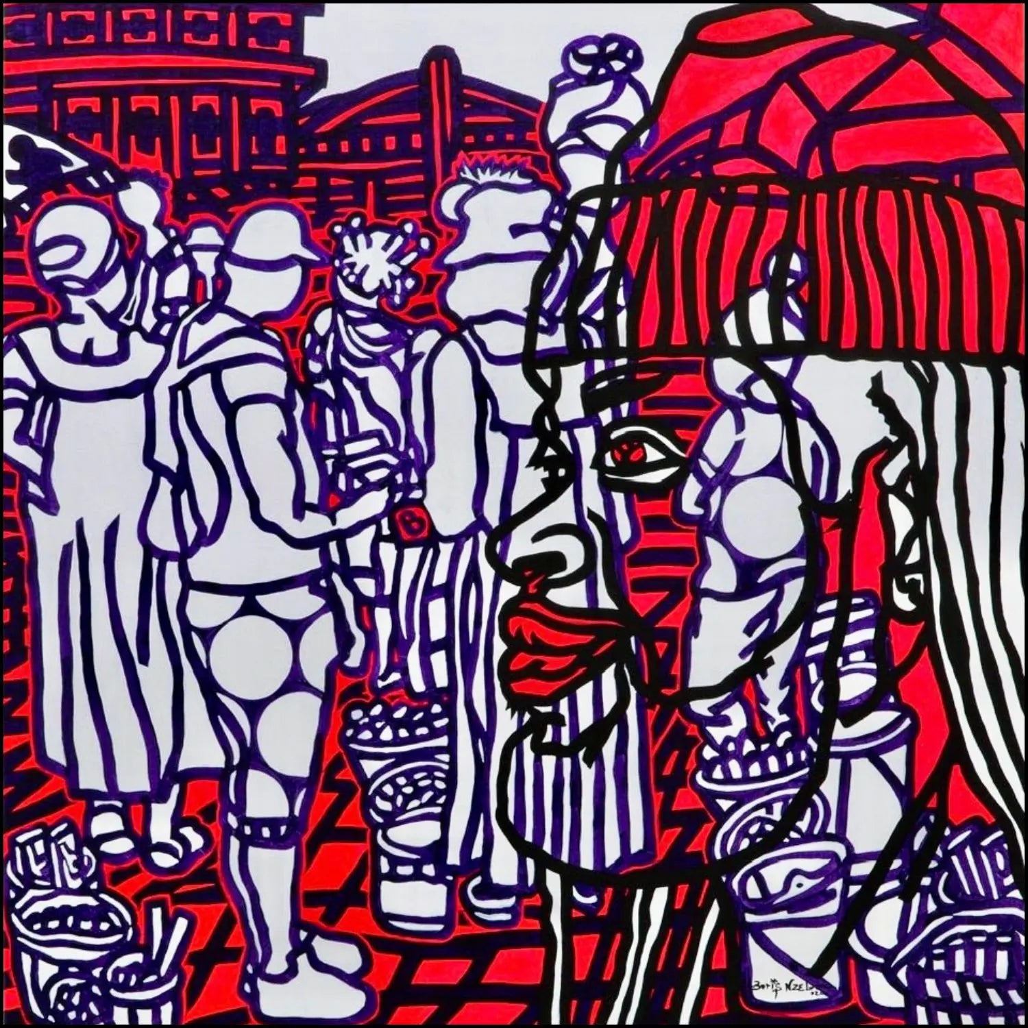 Boris Nzebo "Business Street" (2022). Acrilico su tela, 130x130 cm. Rappresentazione pop e dinamica della vita di strada urbana. Galleria Antonio Damiani.