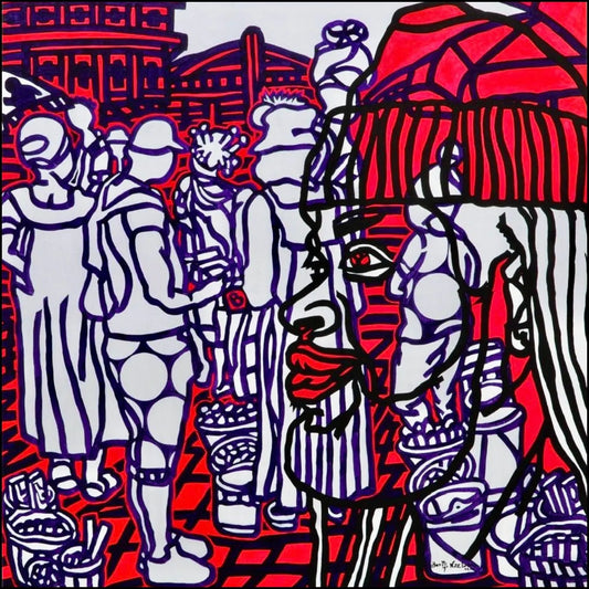 Boris Nzebo "Business Street" (2022). Acrilico su tela, 130x130 cm. Rappresentazione pop e dinamica della vita di strada urbana. Galleria Antonio Damiani.