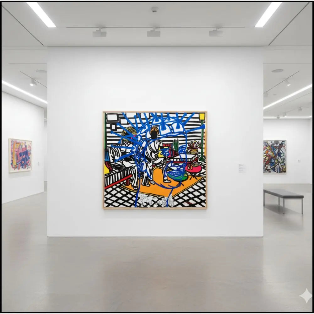 Boris Nzebo "La kame de Ma’a clèmentine" (2022). Acrilico su tela, 120x120 cm. Labirinto cromatico e composizione vibrante. Esposto in Galleria Antonio Damiani.