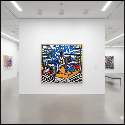 Boris Nzebo "La kame de Ma’a clèmentine" (2022). Acrilico su tela, 120x120 cm. Labirinto cromatico e composizione vibrante. Esposto in Galleria Antonio Damiani.