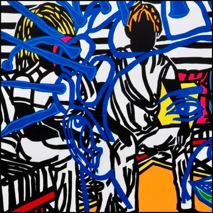 Dettagli di Boris Nzebo "La kame de Ma’a clèmentine" (2022). Acrilico su tela, 120x120 cm. Labirinto cromatico e composizione vibrante.
