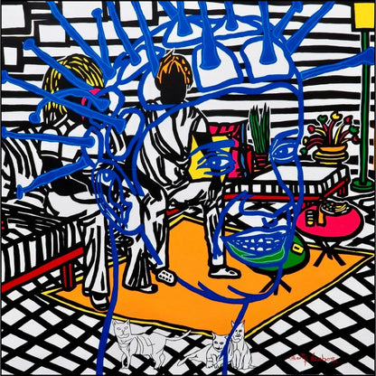 Boris Nzebo "La kame de Ma’a clèmentine" (2022). Acrilico su tela, 120x120 cm. Labirinto cromatico e composizione vibrante.