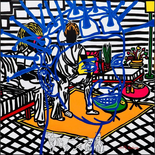 Boris Nzebo "La kame de Ma’a clèmentine" (2022). Acrilico su tela, 120x120 cm. Labirinto cromatico e composizione vibrante.