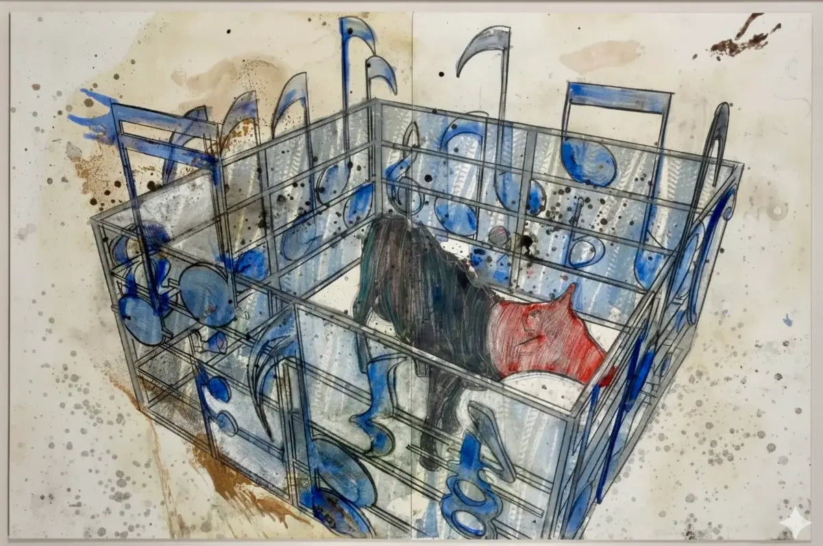 Dennis Oppenheim: Studio per Land Art "Badly Tuned Cow" (1988). Tecnica mista su cartoncino 127 x 194 cm. Archiviata ufficialmente dall'Estate.