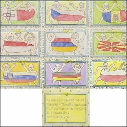 Frédéric Bruly Bouabré, "La Belle Europe" (2008). Installazione unica di 50 elementi, 105x140 cm. Opera pubblicata e di qualità museale presso la Galleria Antonio Damiani. Alcuni dettagli.