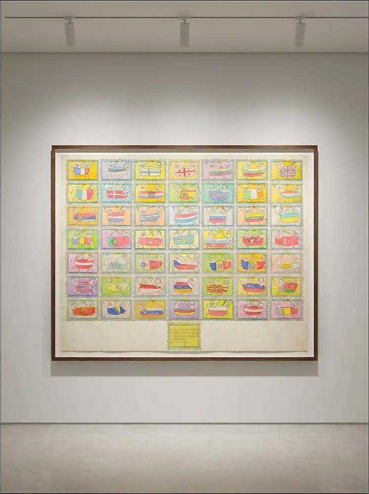 Frédéric Bruly Bouabré, "La Belle Europe" (2008). Installazione unica di 50 elementi, 105x140 cm. Opera pubblicata e di qualità museale presso la Galleria Antonio Damiani.