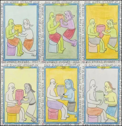 Dettaglio di Frédéric Bruly Bouabré, "La rencontre des amoureux". Tecnica mista su cartoncino, 21x14 cm. 