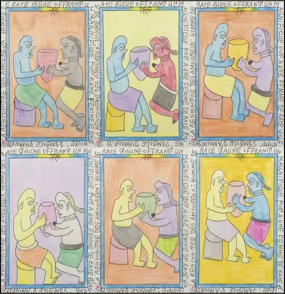 Dettaglio di Frédéric Bruly Bouabré, "La rencontre des amoureux". Tecnica mista su cartoncino, 21x14 cm. 