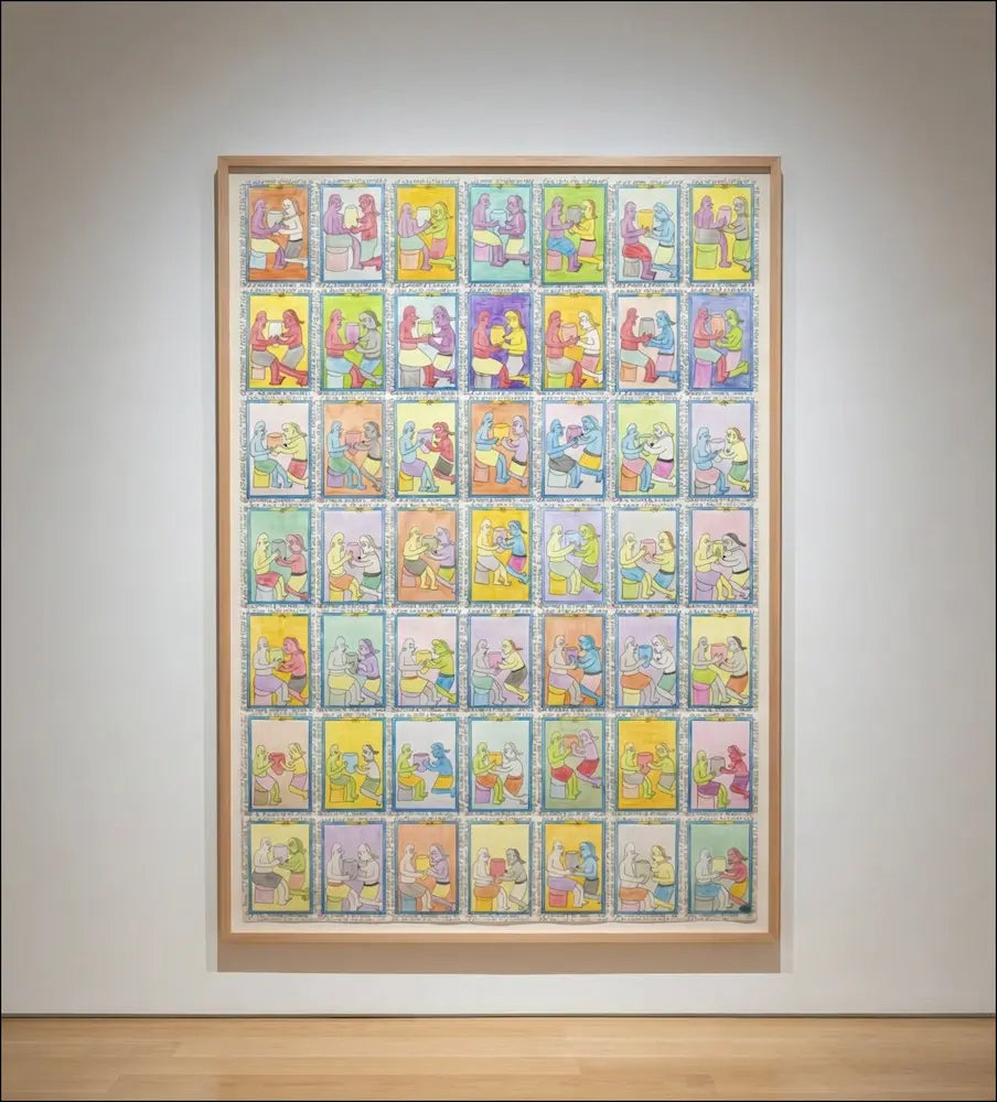 Frédéric Bruly Bouabré, "La rencontre des amoureux". Tecnica mista su cartoncino, 21x14 cm. Opera originale di qualità museale presso la Galleria Antonio Damiani, in esposizione.