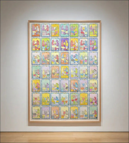 Frédéric Bruly Bouabré, "La rencontre des amoureux". Tecnica mista su cartoncino, 21x14 cm. Opera originale di qualità museale presso la Galleria Antonio Damiani, in esposizione.