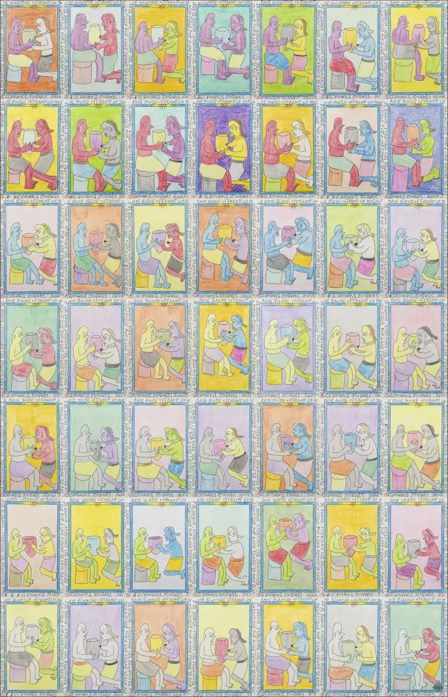 Frédéric Bruly Bouabré, "La rencontre des amoureux". Tecnica mista su cartoncino, 21x12,5 cm. Opera originale di qualità museale presso la Galleria Antonio Damiani.