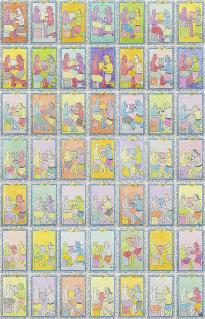 Frédéric Bruly Bouabré, "La rencontre des amoureux". Tecnica mista su cartoncino, 21x12,5 cm. Opera originale di qualità museale presso la Galleria Antonio Damiani.