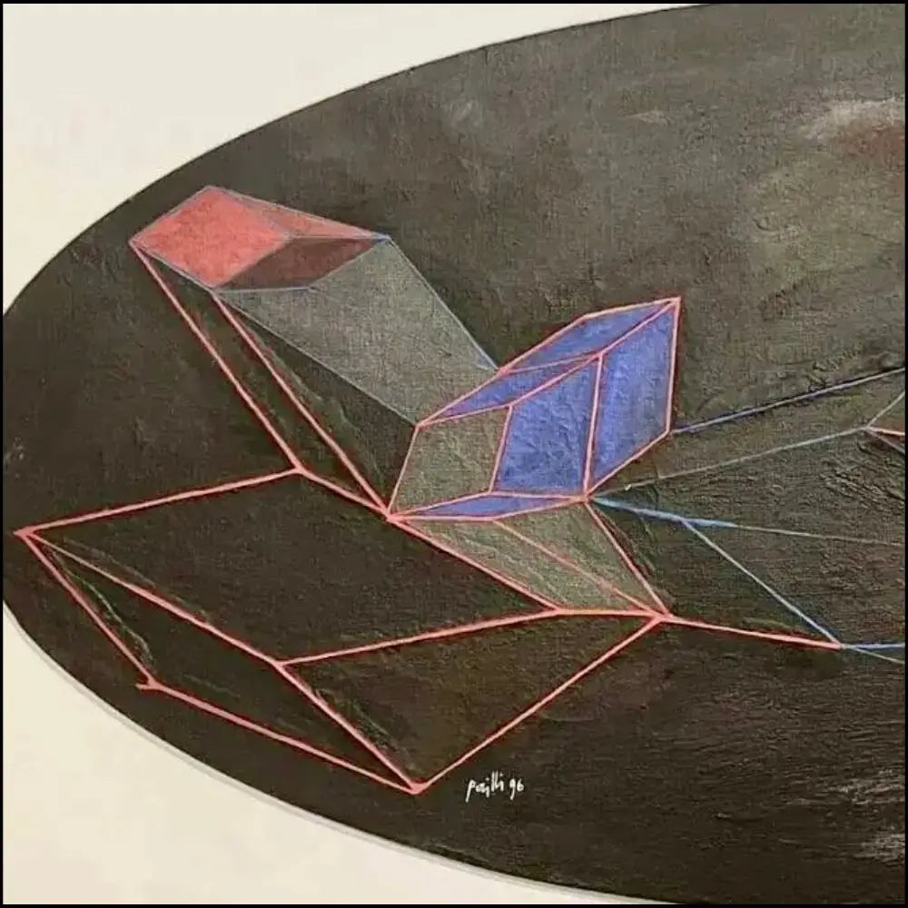 Dettagli di Achille Perilli: Gioco Stregonesco (1996). Tecnica mista su tela, 50x109 cm. Opera iconica del ciclo "Le trasparenze", esposta e pubblicata in catalogo generale.