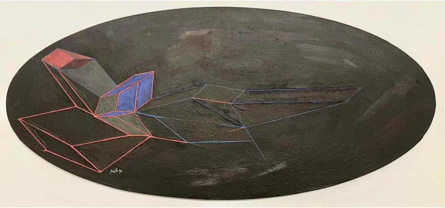 Achille Perilli - Gioco stregonesco (1996), tecnica mista su tela ovale 50x109 cm. Geometrie astratte rosse e blu su fondo nero opaco.