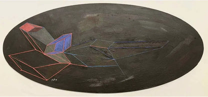 Achille Perilli - Gioco stregonesco (1996), tecnica mista su tela ovale 50x109 cm. Geometrie astratte rosse e blu su fondo nero opaco.