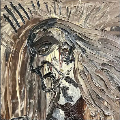 Dettaglio del Dipinto espressionista di Jonathan Meese -  Balthysmeese I, 2001, olio su tela 160x120 cm. 