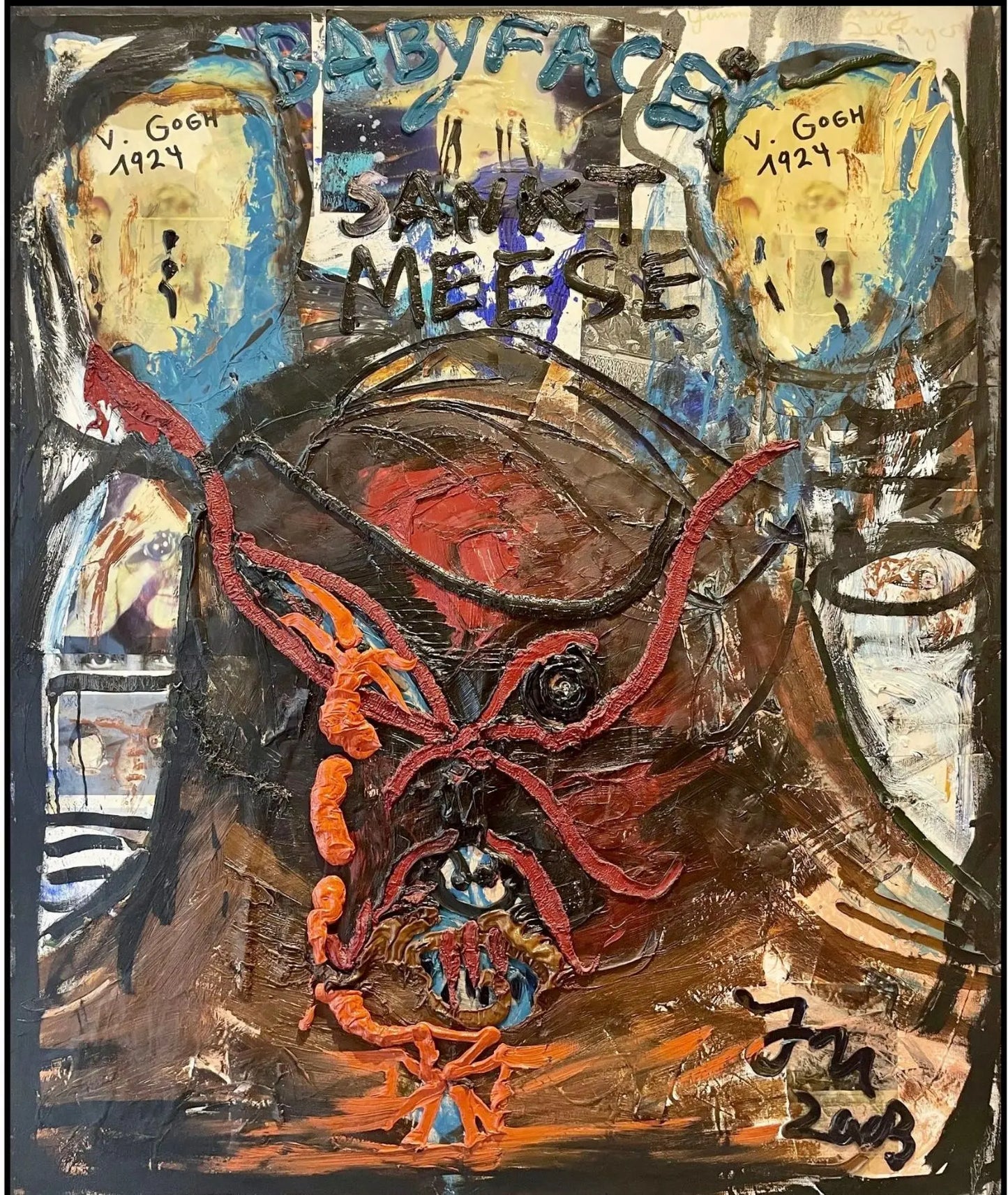 Jonathan Meese: Der Staatsgoot DR. ERWIN... (2003). Tecnica mista, acrilici e collage 120 x 100 cm. Opera esposta alla FIAC 2003. Arte concettuale e nichilista. Galleria Antonio Damiani.