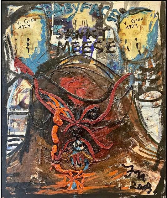 Jonathan Meese: Der Staatsgoot DR. ERWIN... (2003). Tecnica mista, acrilici e collage 120 x 100 cm. Opera esposta alla FIAC 2003. Arte concettuale e nichilista. Galleria Antonio Damiani.