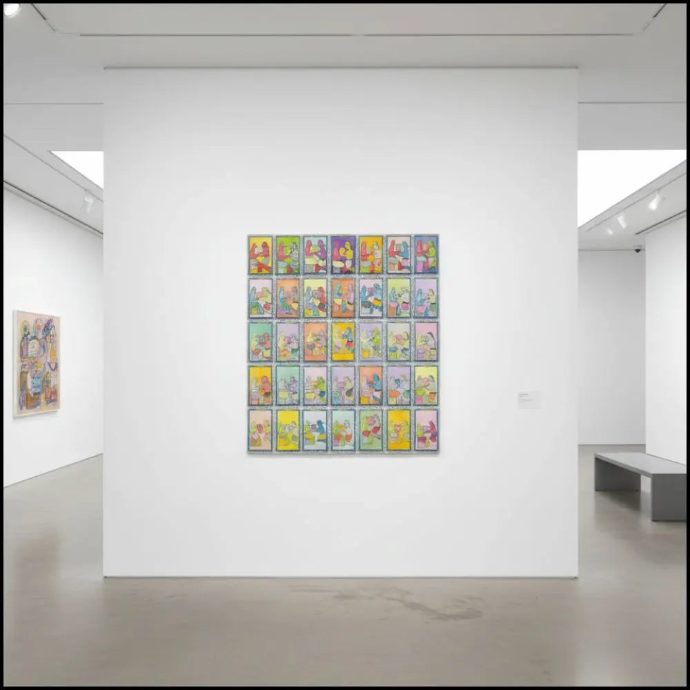 Esposizione Opera di Frédéric Bruly Bouabré - La rencontre des amoureux, 2009 - penne a sfera, pastelli e matite colorate su cartoncino - Collezione Galleria Antonio Damiani.