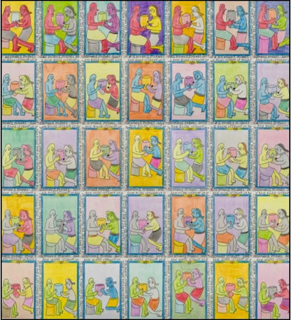 Opera di Frédéric Bruly Bouabré - La rencontre des amoureux, 2009 - penne a sfera, pastelli e matite colorate su cartoncino - Collezione Galleria Antonio Damiani.