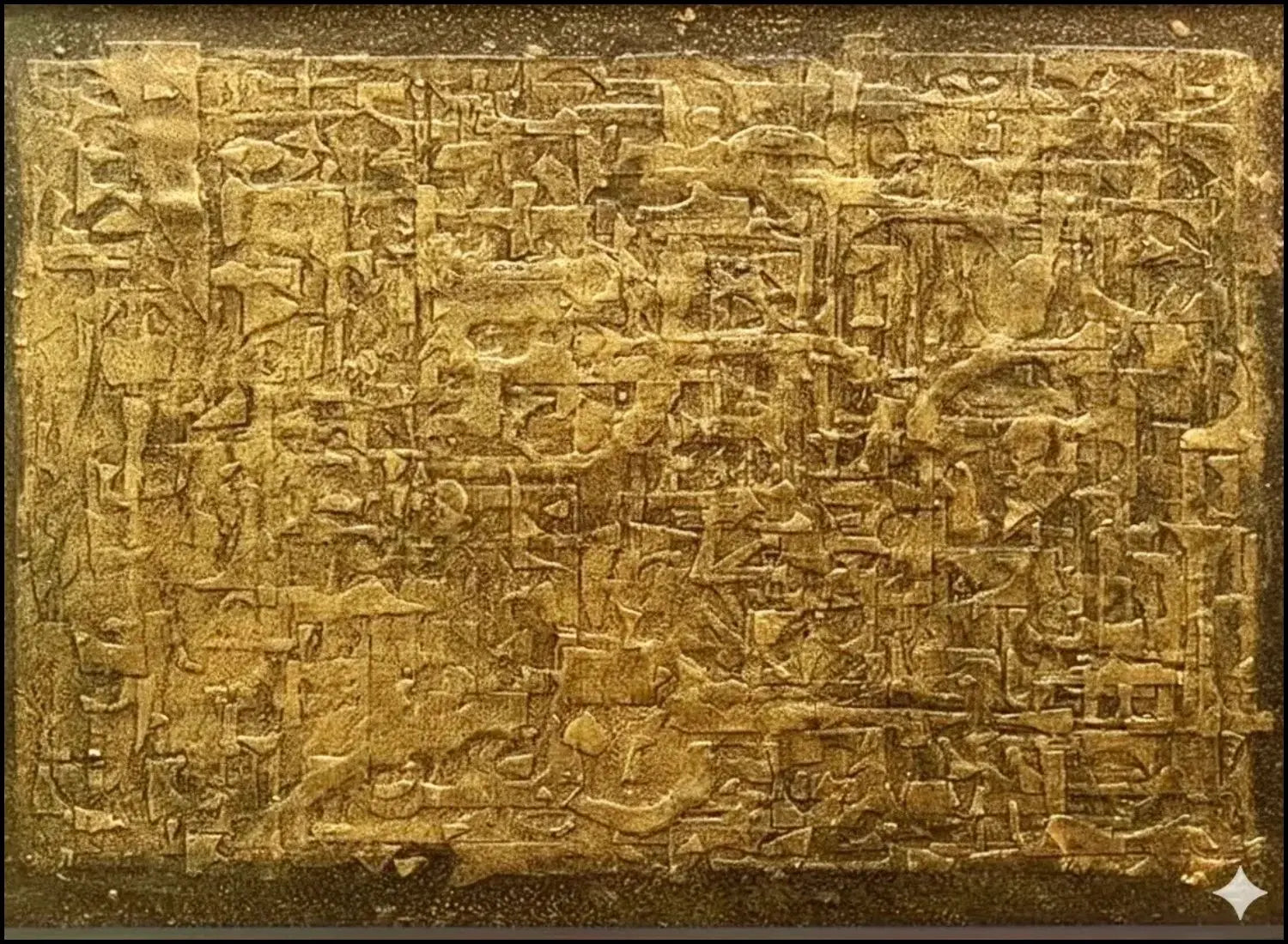 Opera storica "La tavola d'oro" (1960) di Elio Marchegiani. Tecnica mista su tavola, 70x100 cm. Esempio della ricerca materica iniziale dell'artista. Galleria Antonio Damiani.
