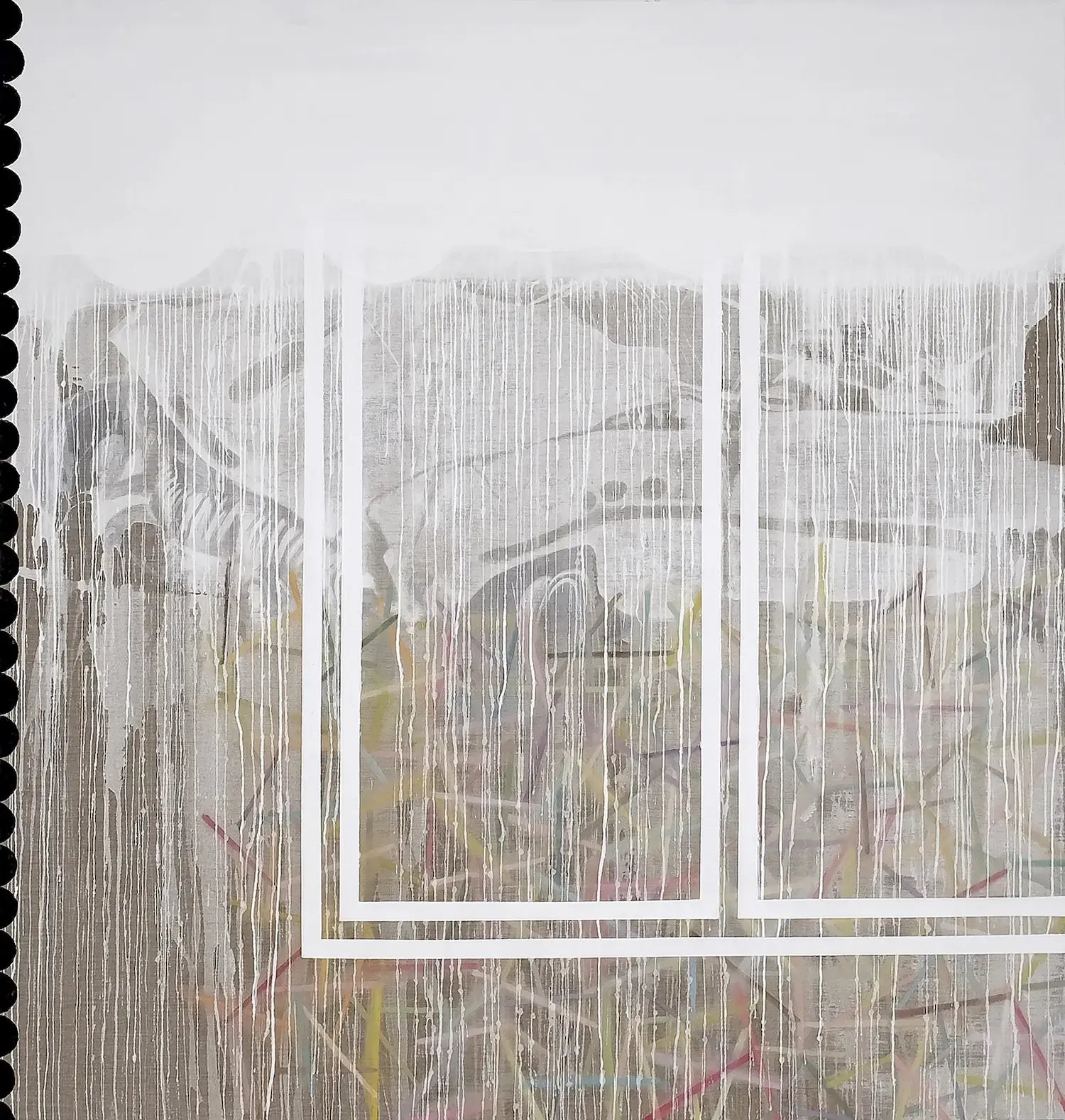 Opera "In altra pelle" (2023) di Luca Coser. Acrilico su lino, 150x100 cm. Riflessione su identità e fragilità. Disponibile in Galleria.