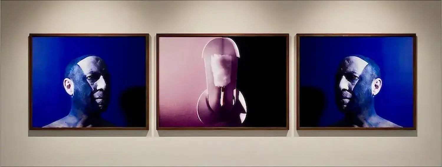 Michele Zaza, "Corpo creativo". Trittico fotografico unico del 2000, 60x240 cm. Opera pubblicata, esposta alla Galleria Antonio Damiani.