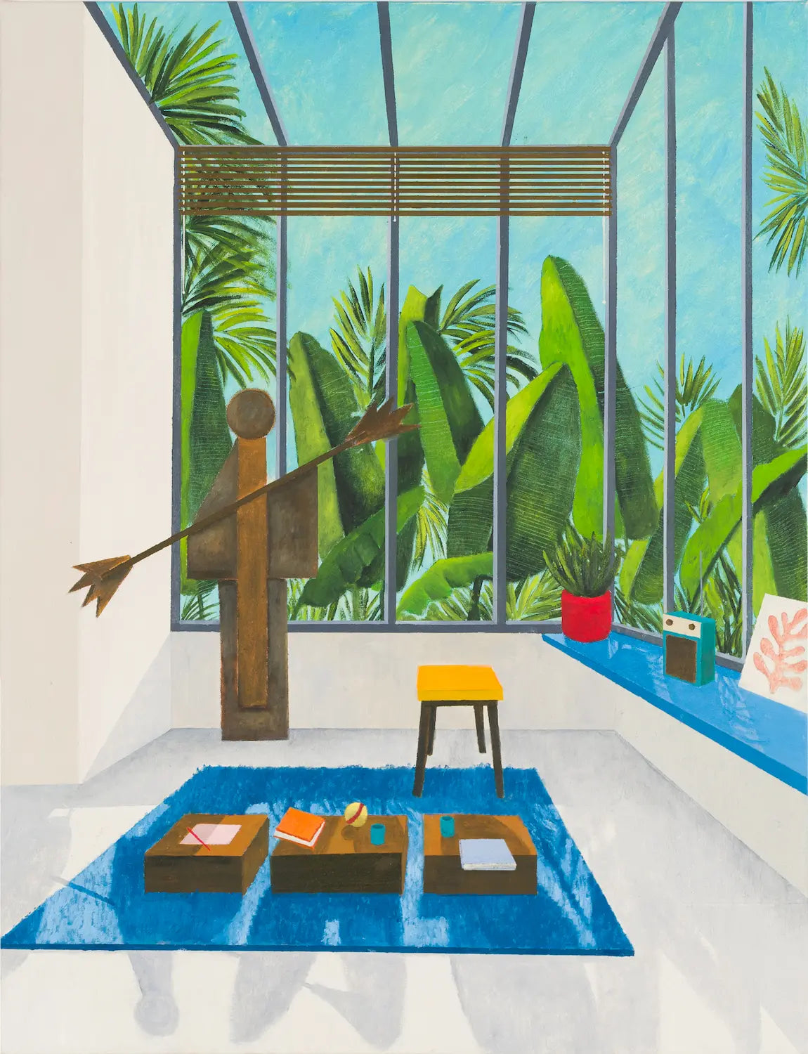 Dipinto a olio su tela di Mickaël Doucet, Tenter les métamorphoses (2021). Interno luminoso con scultura astratta trafitta da una freccia, tappeto blu, sgabello giallo e ampie vetrate su giardino tropicale. 