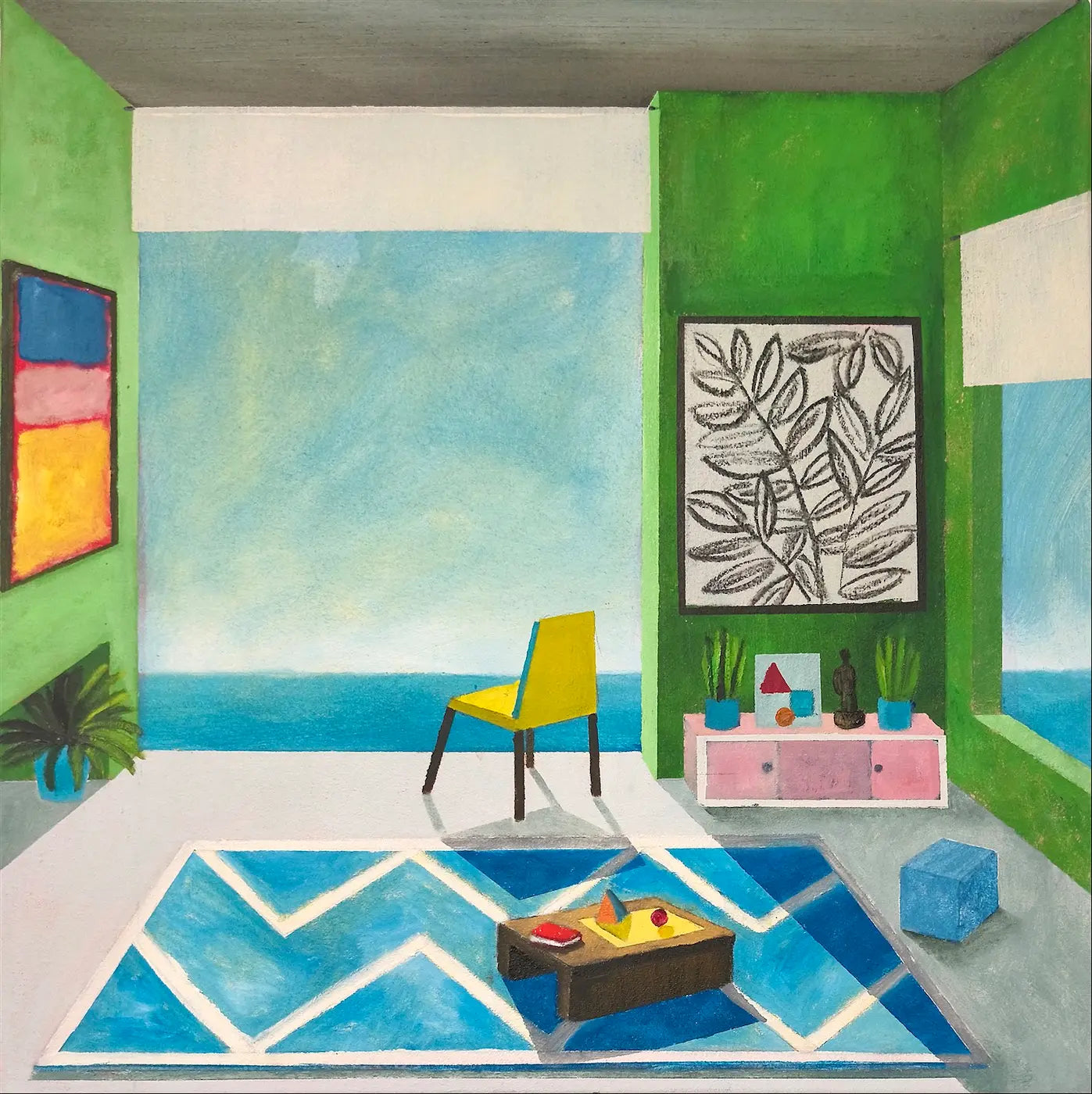 Dipinto olio su tela di Mickaël Doucet, Un goût d'écume originelle (2025). Interno con pareti verdi, sedia gialla e grande finestra affacciata sul mare blu con tappeto geometrico azzurro.