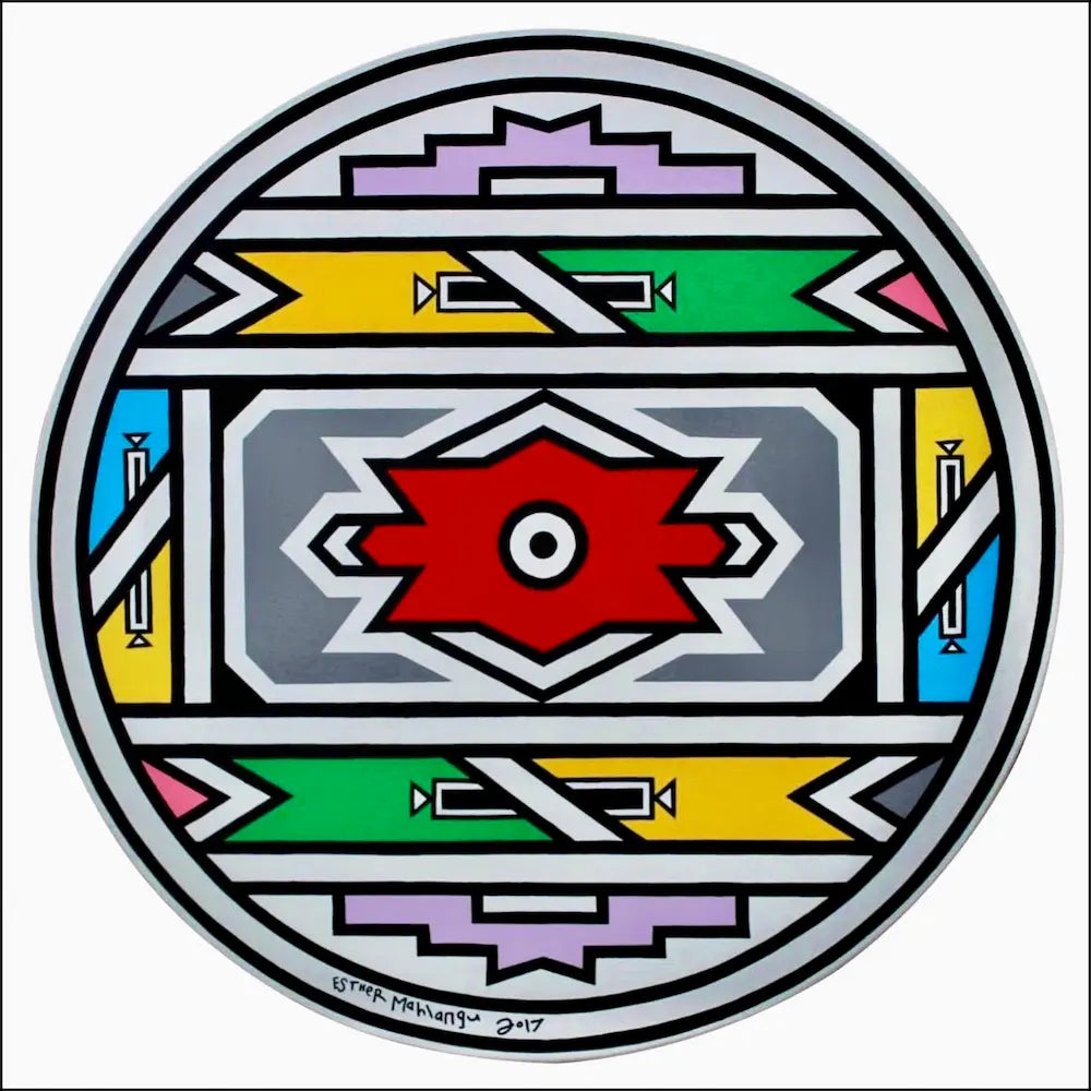 Esther Mahlangu: Ndebele Pattern (2017). Acrilici su tela, diametro 75 cm. Pittura tradizionale Ndebele su supporto moderno. Autenticata dall'artista.