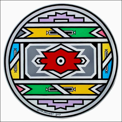 Esther Mahlangu: Ndebele Pattern (2017). Acrilici su tela, diametro 75 cm. Pittura tradizionale Ndebele su supporto moderno. Autenticata dall'artista.
