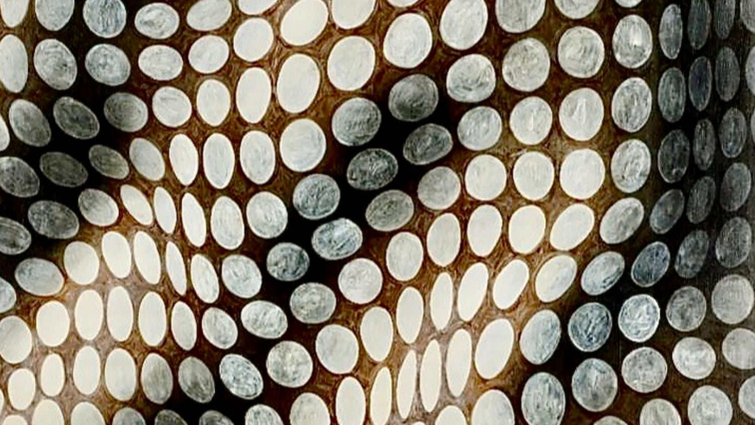 Opera astratta di Peter Schuyff, motivo geometrico con cerchi bianchi su fondo scuro, presentata dalla Galleria Antonio Damiani per la sezione Mercato Secondario.