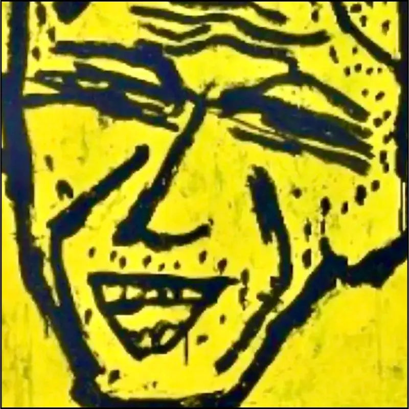 Dettagli dell' Opera "Profession and Vocation" di Donald Baechler, 1983. Un quadro quadrato con sfondo giallo brillante. Raffigura un volto sorridente stilizzato a sinistra e un simbolo nero a forma di campana con croce a destra, con linee spesse e grezze. Acrilici, gouache e collage su cartone.