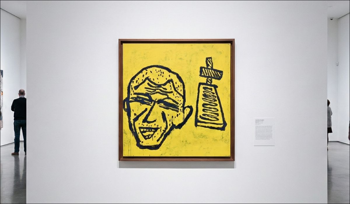 Donald Baechler: Profession and Vocation (1983). Acrilici, gouache e collage 91x91 cm. Opera chiave della pittura New York anni '80. Archiviata.