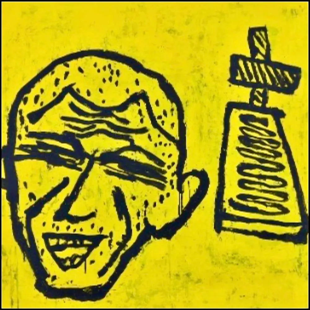  Opera "Profession and Vocation" di Donald Baechler, 1983. Un quadro quadrato con sfondo giallo brillante. Raffigura un volto sorridente stilizzato a sinistra e un simbolo nero a forma di campana con croce a destra, con linee spesse e grezze. Acrilici, gouache e collage su cartone.