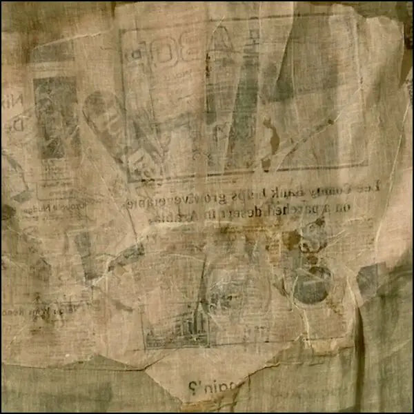 Particolare del trasferimento a solvente su tessuto: ritagli di giornale e immagini di attualità nella serie Hoarfrost di Robert Rauschenberg.