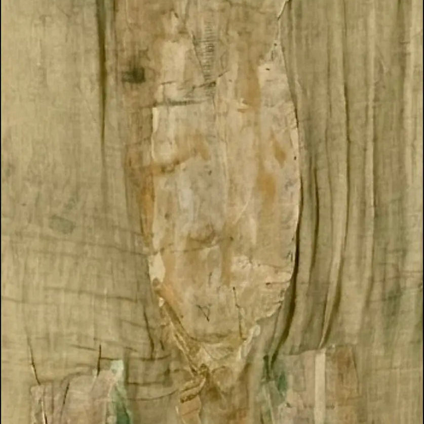 Dettaglio della stratificazione dei tessuti vaporosi e della tecnica del collage nell'opera Untitled 1974 di Robert Rauschenberg.