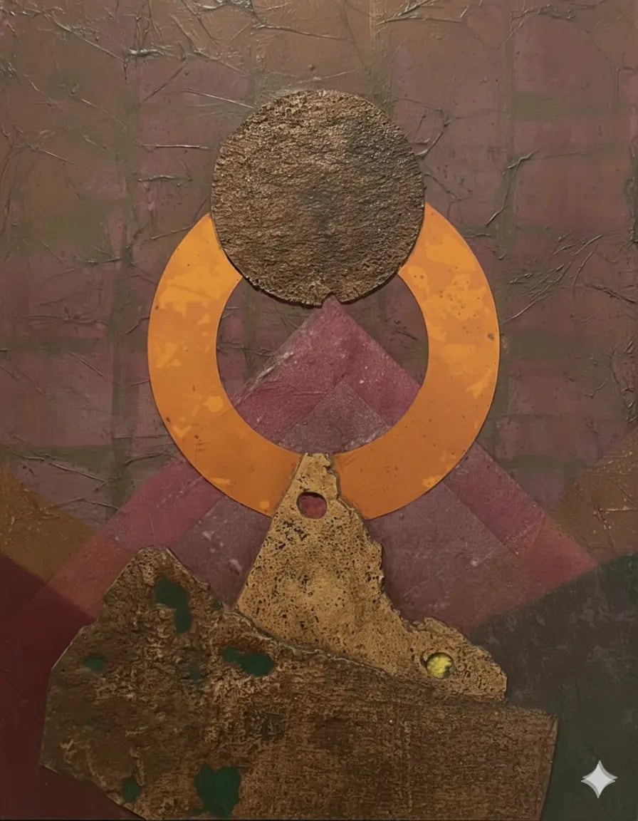 Roberto Crippa "Senza titolo" (1970). Collage e sugheri su tavola, 94x72 cm. Opera materica del ciclo "Landscape", pubblicata nel Catalogo Generale. Galleria Antonio Damiani. 