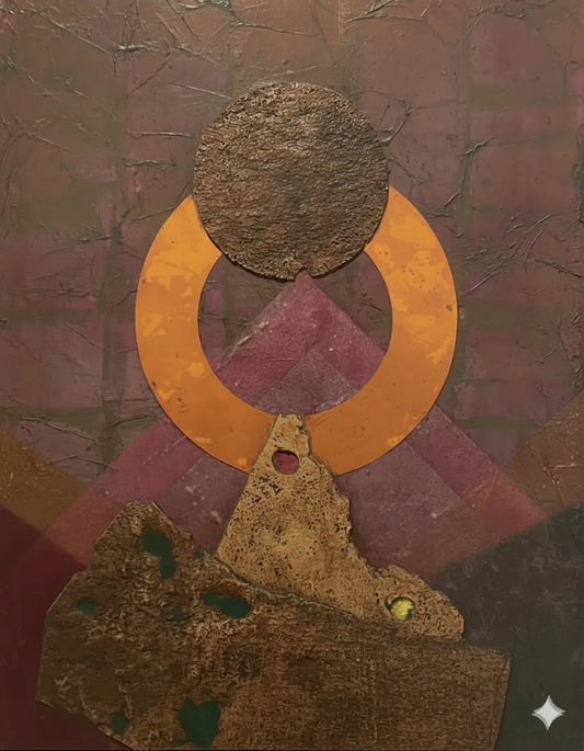 Roberto Crippa "Senza titolo" (1970). Collage e sugheri su tavola, 94x72 cm. Opera materica del ciclo "Landscape", pubblicata nel Catalogo Generale. Galleria Antonio Damiani. 