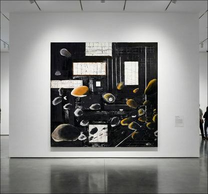 Gravity of Matter, un'opera di grande formato e fondamentale di Ross Bleckner, realizzata nel 1981 ad olio su tela, con dimensioni monumentali di 218 x 213 cm. Espsosta in Galleria Antonio Damiani.